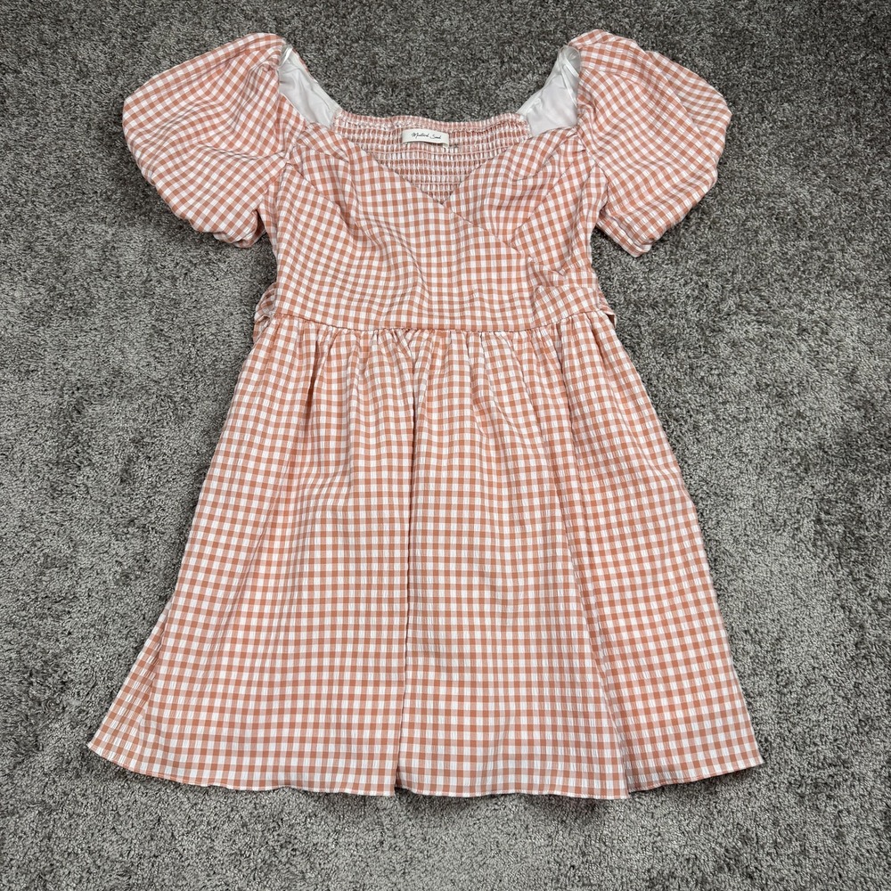 Mustard Seed Womens Dress M Pink Gingham Puff Sleeve Cottagecore Milkmaid Ruched - Picture 3 of 13